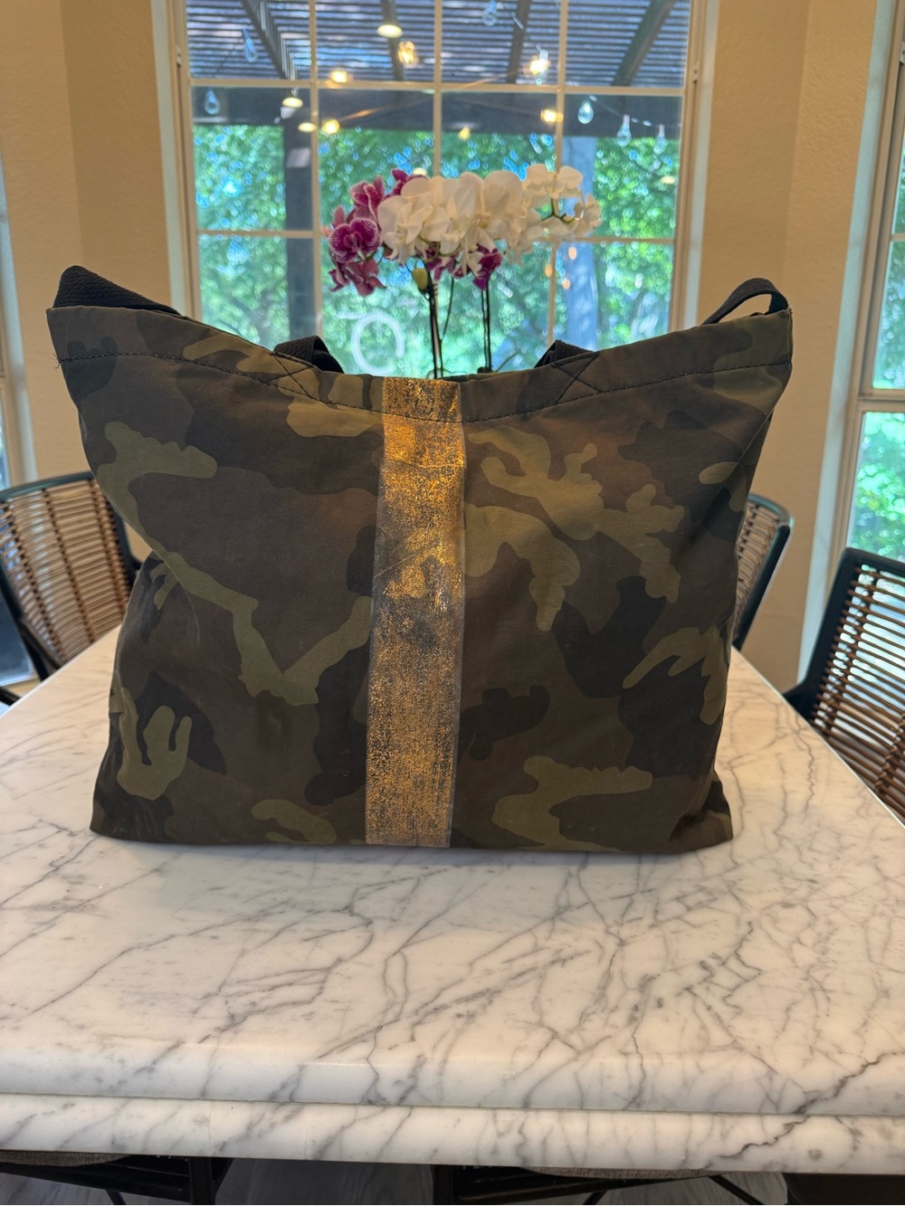 Camouflage Tote Bag with Metallic Gold Stripe